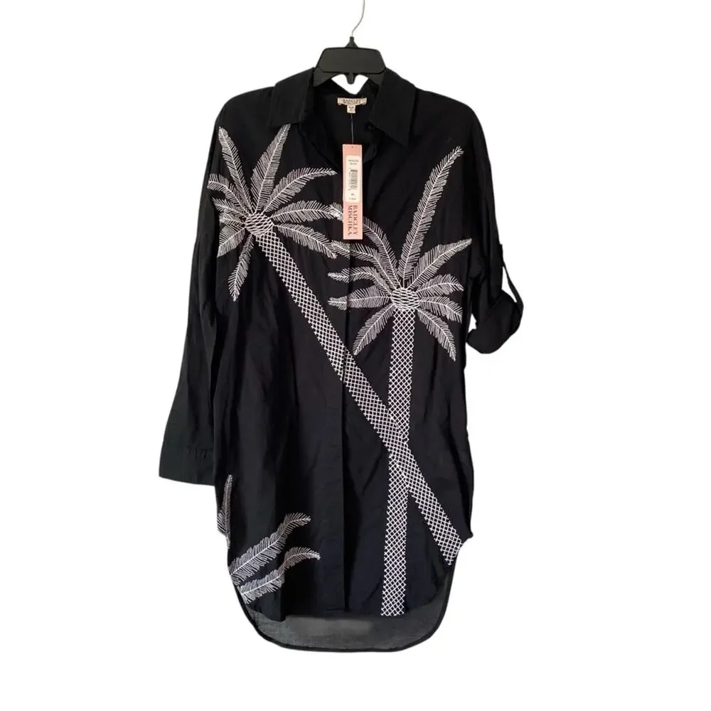 Badgley Mischka NWTs Black Embroidered Palm Tree Swim Coverup size XS